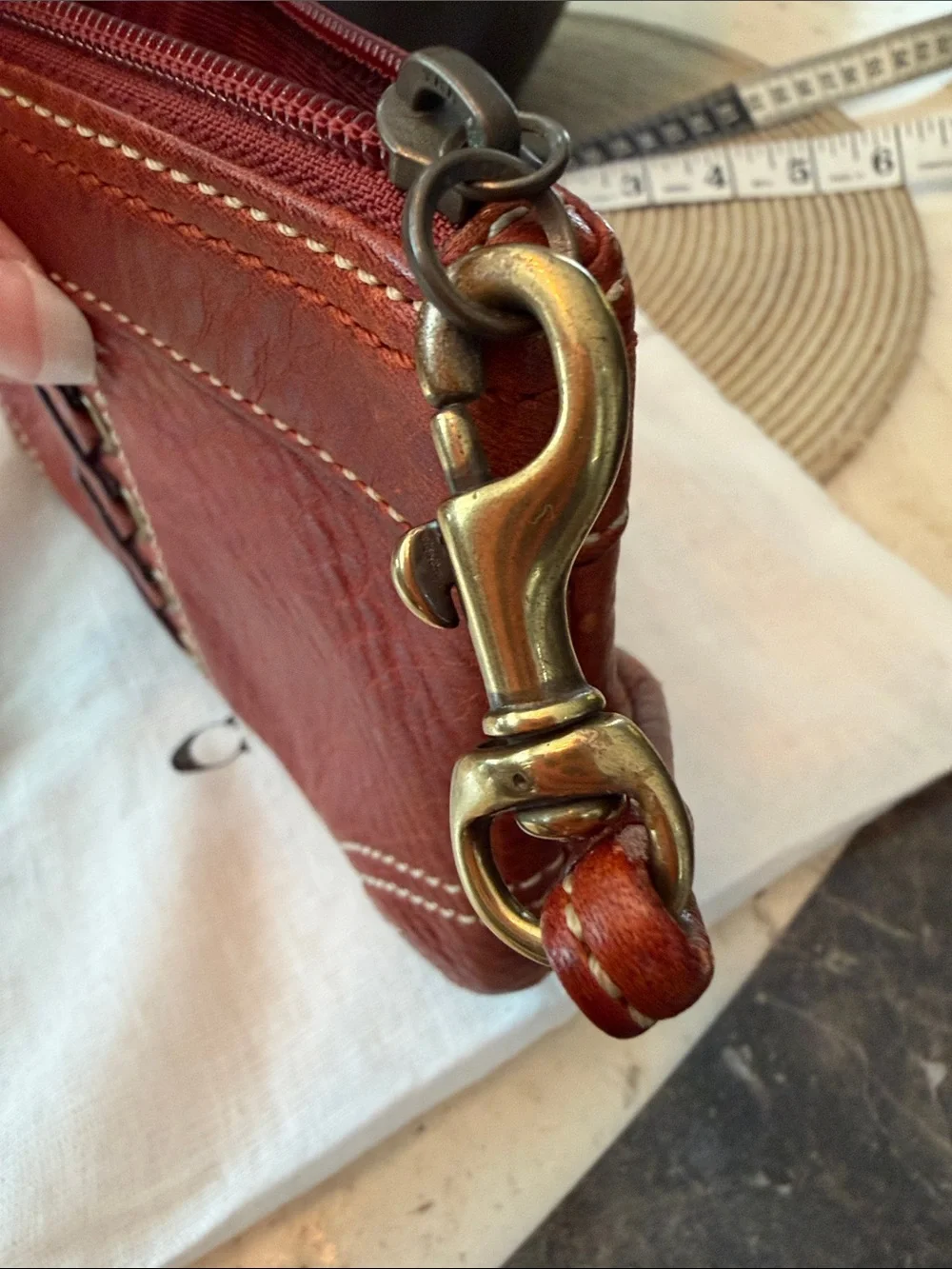 Coach Vintage Red-Brown Pebbled Leather Wristlet with Lace-Up Grommet & Tassel